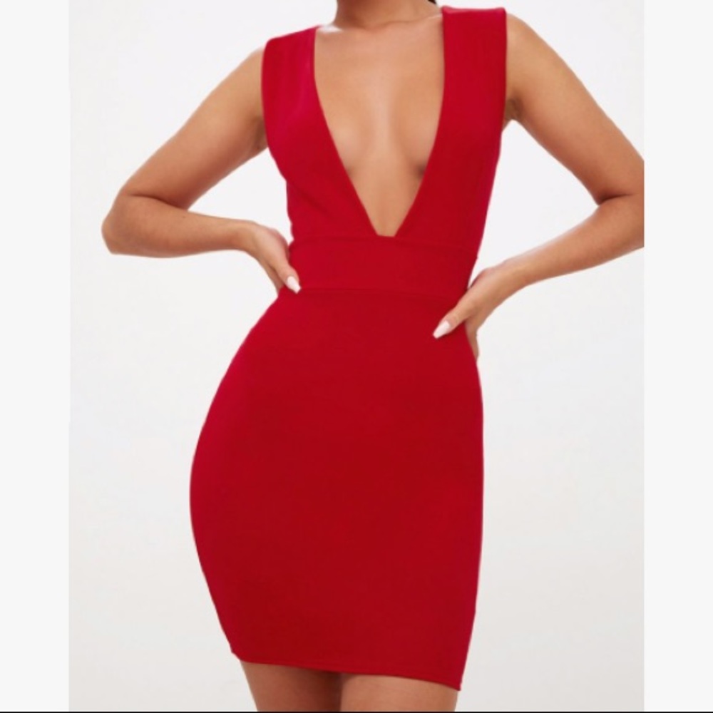 Red Extreme Plunge Sleeveless Bodycon Dress